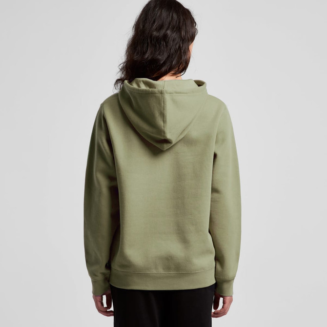 A green hoodie with a hood, shown from the back, featuring a simple design and a branded logo.