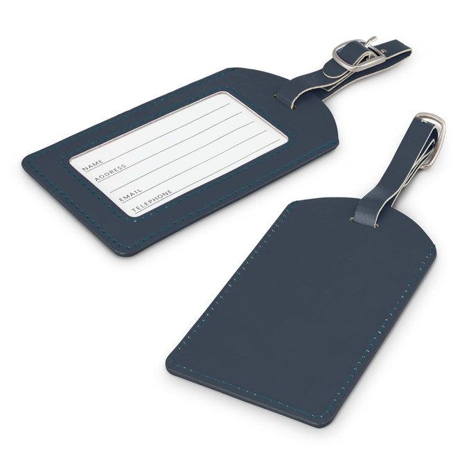 Aero Luggage Tag in navy blue, featuring a clear window for details and a metal attachment.