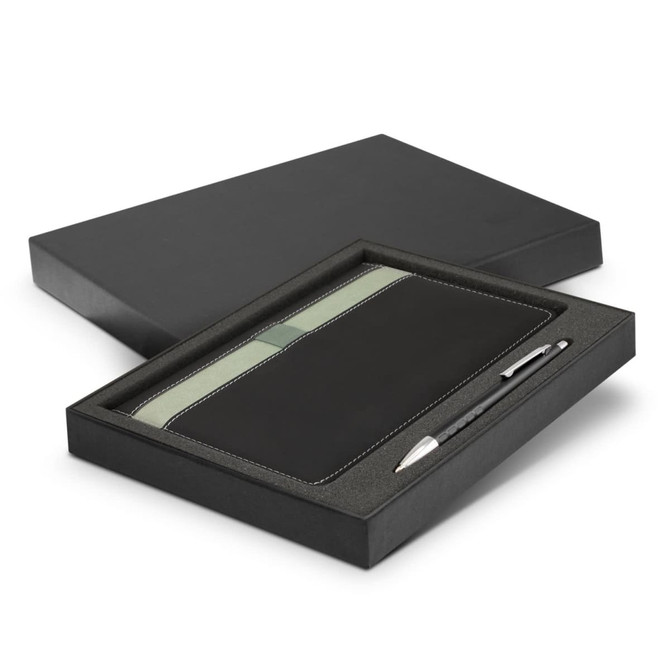 A black notebook with a matching pen, presented in a sleek black gift box. It features a simple design and stitching detail.