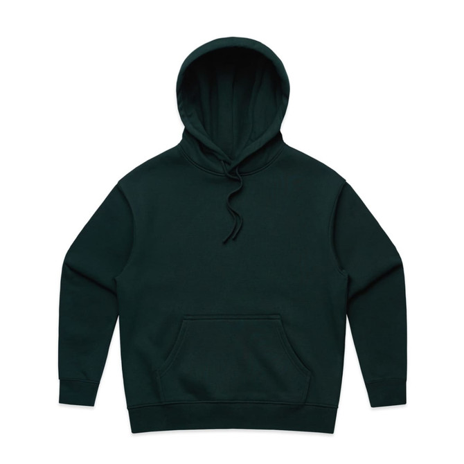 A dark green hoodie featuring a front pocket and a drawstring hood, with a logo on the front.