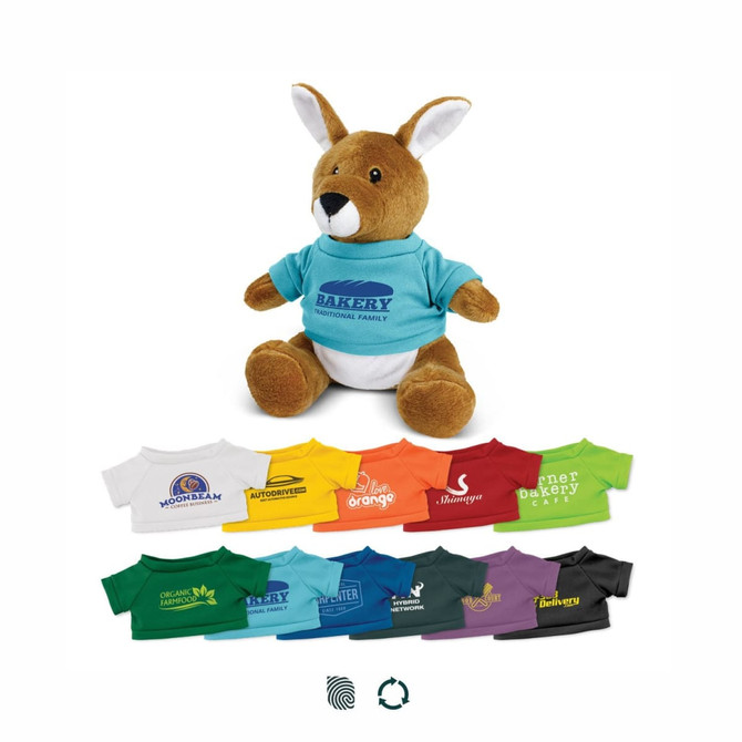 A kangaroo plush toy in brown with large ears, wearing a blue shirt, surrounded by various smaller shirts in different colours.