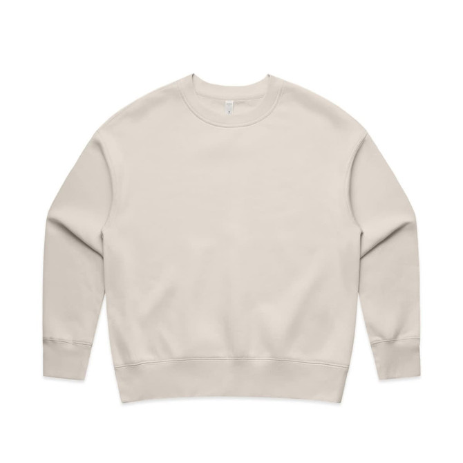 A light beige jumper with long sleeves and a round neckline, featuring a simple design and a logo.