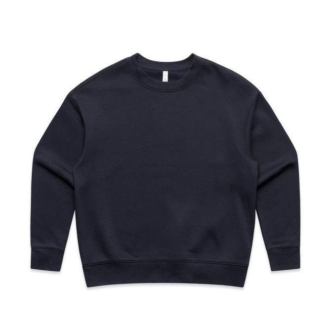A navy blue fleece jumper with a round neckline and long sleeves. It features a blank design and has a branding logo.