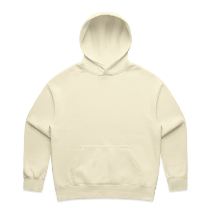 A cream-coloured hoodie featuring a front pocket and an attached hood, with a logo on it.