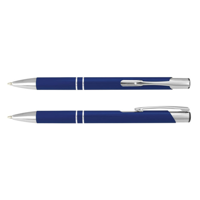 A blue metal pen with silver accents, featuring a logo and a sleek design. Two pens are displayed, one capped and one uncapped.