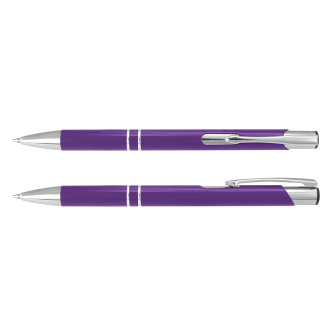 A purple metal pen with silver accents, featuring a sleek design and a branded logo.