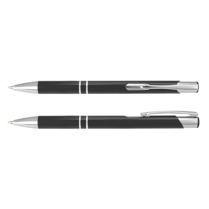 A pair of black metal pens with chrome accents, featuring clips and a sleek design. Each pen has a logo.