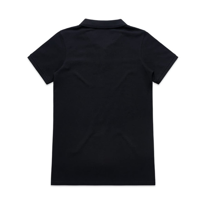 A black polo shirt featuring a collar and short sleeves, with a logo present.