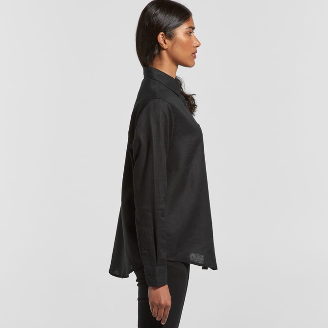 A black linen button-up shirt displayed on a model from a side view, featuring a collar and long sleeves.