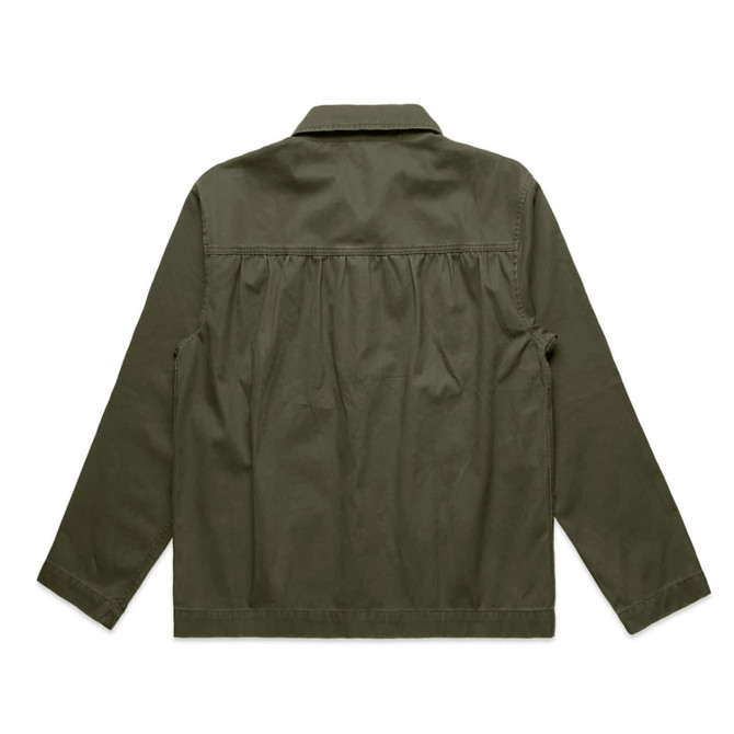 An olive green chore jacket featuring a collared neckline and back pleating. The jacket has a logo.
