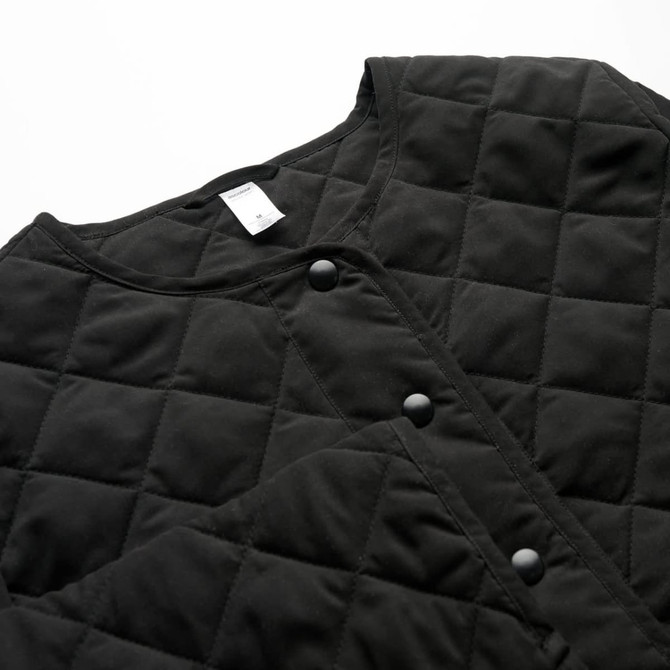 A black quilted jacket featuring a round neckline and button closures, with a textured diamond pattern.