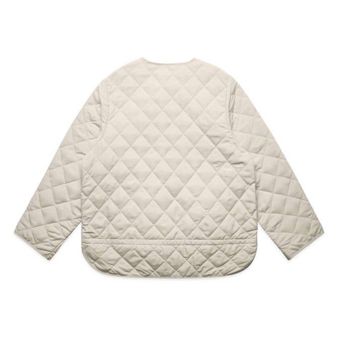 A quilted jacket in a light beige colour with a diamond pattern and a simple, rounded design.