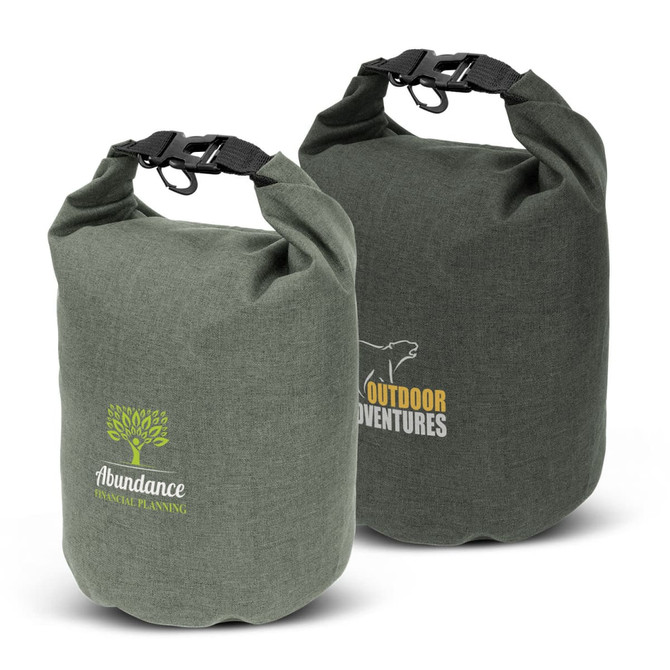 A green dry bag with a roll-top closure, featuring two distinct logos on either side.