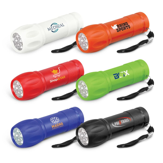 A collection of six torches in white, red, green, blue, and black, featuring various logos and a wrist strap.