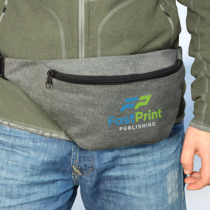 A grey Byron Belt Bag worn at the waist, featuring a zippered pocket and a logo on the front.