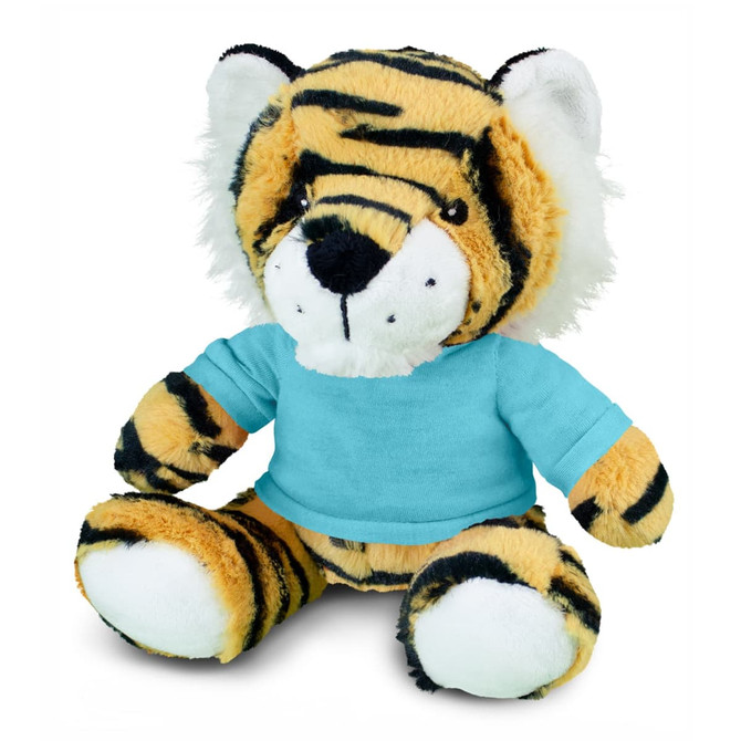 A plush toy tiger with a striped orange and black pattern, wearing a light blue shirt, sitting upright.