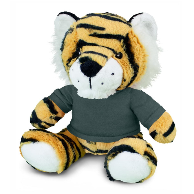 A plush tiger toy with orange and black stripes, wearing a grey shirt, featuring soft fur and a friendly expression.