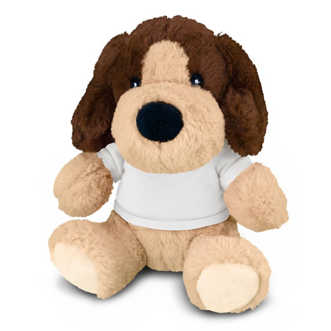 A plush dog toy featuring a brown and tan colour scheme, wearing a white shirt. It has a soft, cuddly design.
