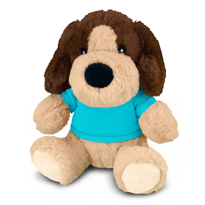 A plush dog toy with brown fur and a cream-coloured belly, wearing a bright blue shirt, sitting upright.