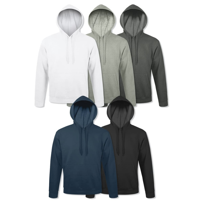 A collection of SOLS Snake hooded sweatshirts in white, green, navy, and black, featuring a front pocket and a hood.