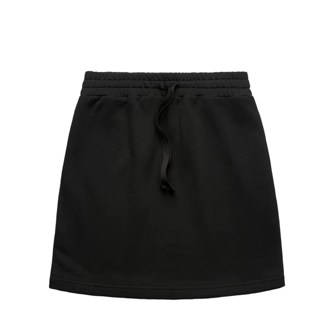 A black terry skirt featuring an elastic waistband and drawstring. The design is simple and minimalist.