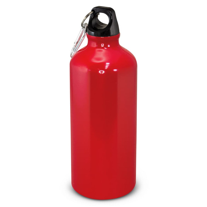 A drink bottle in vibrant red, featuring a black cap and a silver carabiner for easy attachment.