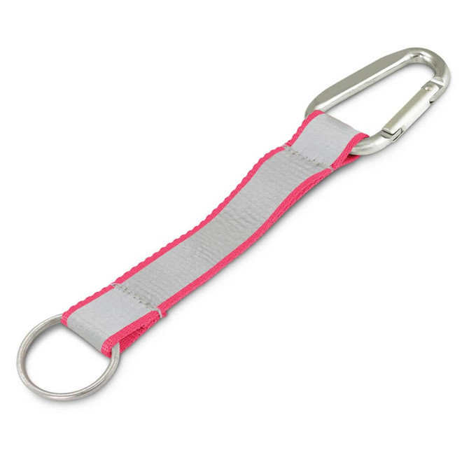 A reflector key ring with a silver carabiner and a grey strap, bordered in bright pink.