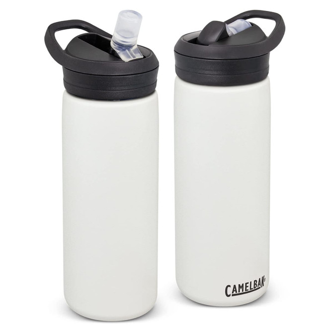 A drink bottle with a matte white finish and black lid, featuring a straw and a logo.
