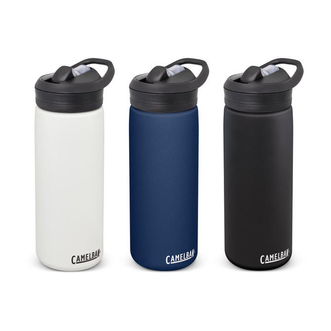 A drink bottle set featuring three colours: white, navy blue, and black, with a logo on each.