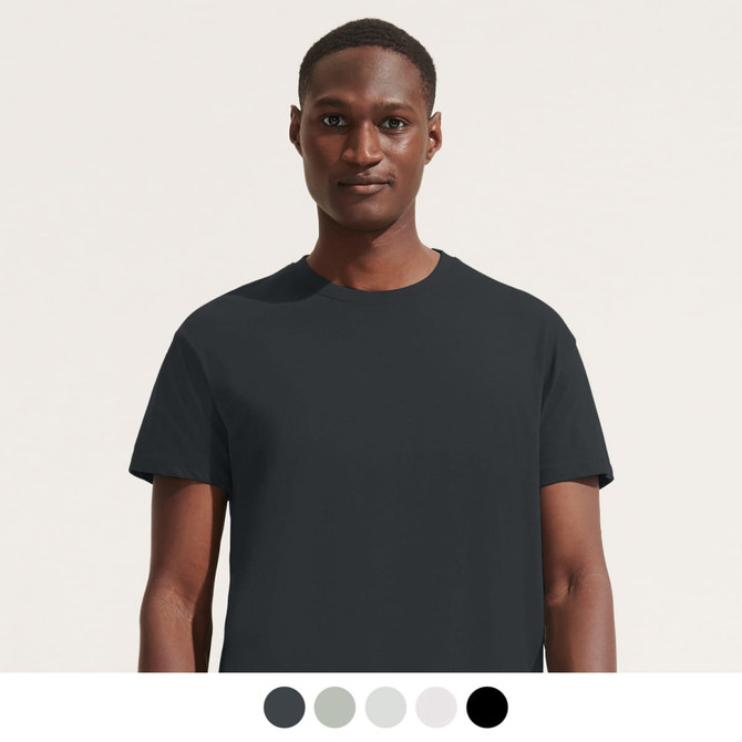 A model wearing a black adult T-shirt featuring a crew neck and short sleeves. Includes colour options below.