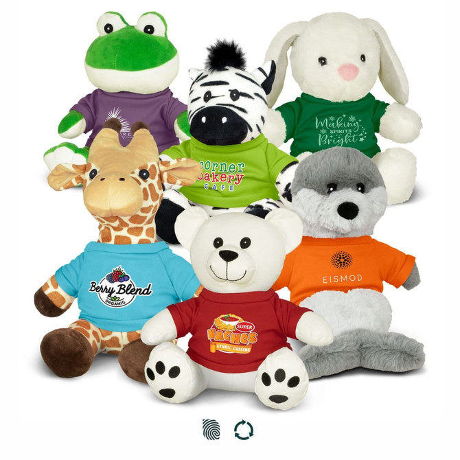 A collection of assorted plush toys including a frog, zebra, rabbit, giraffe, bear, and wolf, each wearing colourful shirts.