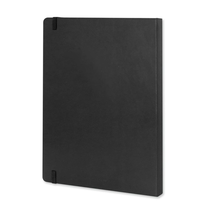 An extra large black soft cover notebook with elastic closure and rounded corners, featuring a logo.