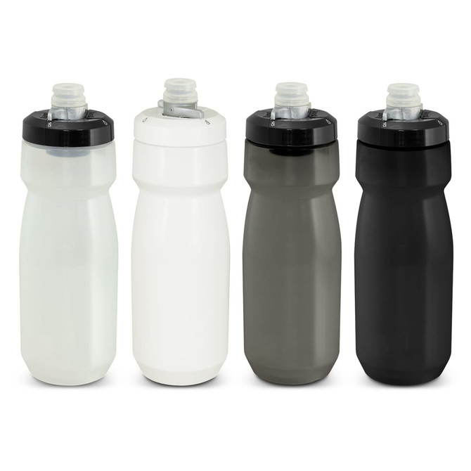 A drink bottle collection in clear, white, grey, and black, featuring a top spout and a logo.