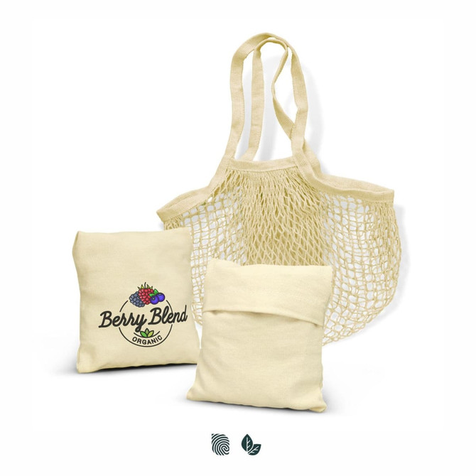 A natural cotton mesh tote bag with two folded bags, featuring a logo on one of the smaller bags.