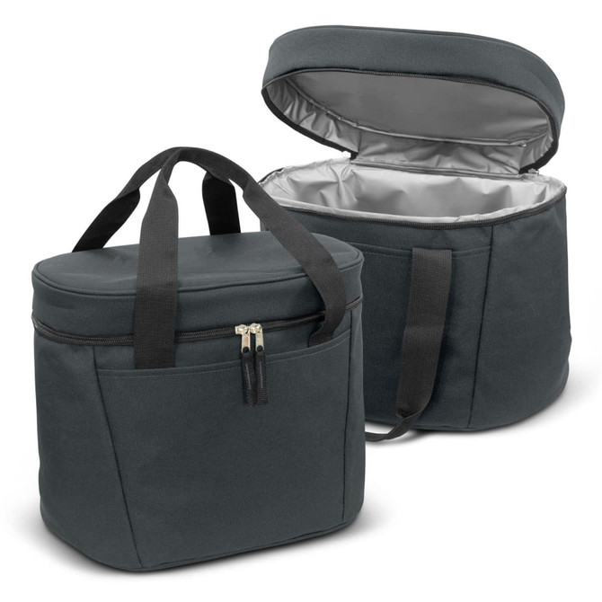 A green cooler bag with a zippered closure and two handles, featuring an insulated interior and an exterior pocket.