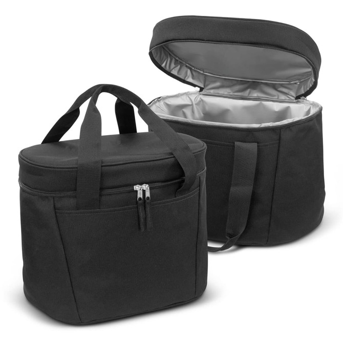 A black cooler bag with a zippered top and two handles, featuring a silver insulated interior.