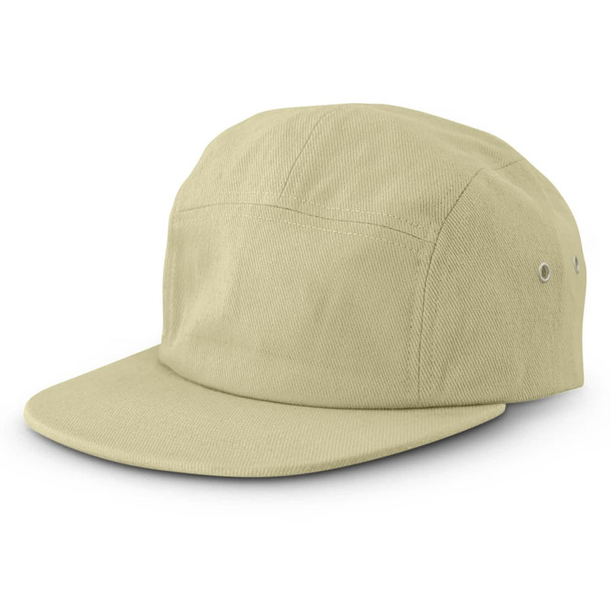 A light khaki cap with a flat peak and ventilation eyelets, featuring a logo on the side.