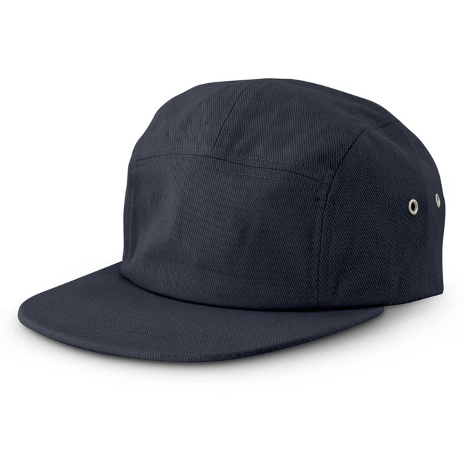 A dark navy cap with a flat brim and ventilation eyelets, featuring a simple design and a logo.