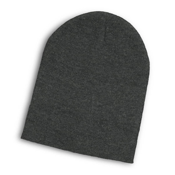 A dark grey slouch beanie displayed flat, featuring a simple design and a logo.