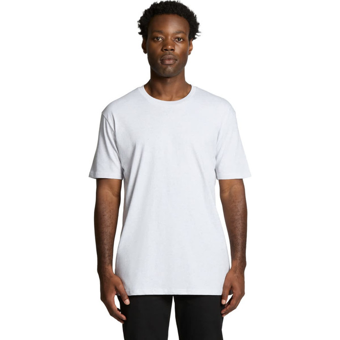 A plain, light grey T-shirt with short sleeves, featuring a logo on the front.