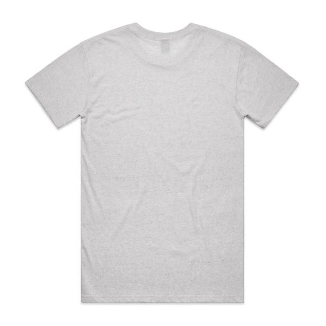 A grey T-shirt featuring short sleeves and a standard crew neck, displaying a plain back without any graphics.