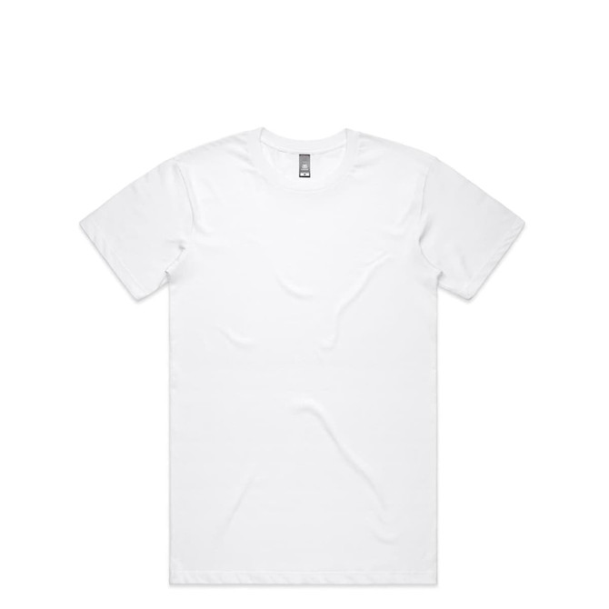 A white T-shirt with a crew neckline and short sleeves, featuring a branding label.