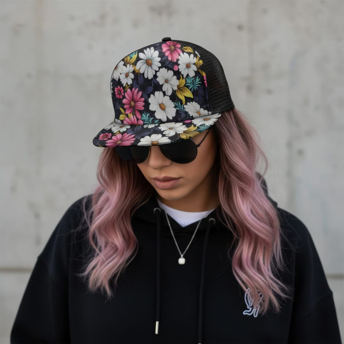 A floral-patterned flat peak mesh cap in black with bright pink and yellow flowers, worn by a person with pink hair.