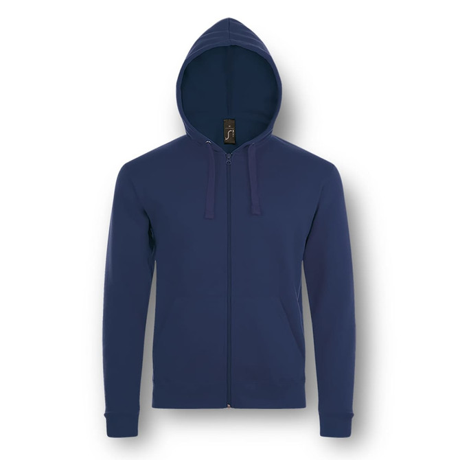 A navy blue unisex hooded sweatshirt with a front zipper and a logo. Ideal for casual wear.