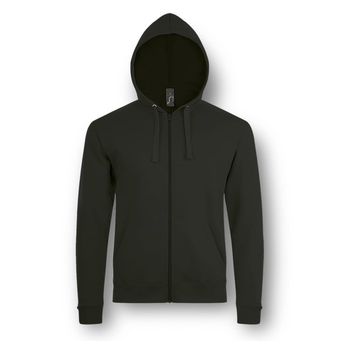 A dark green unisex hooded sweatshirt with a zip front and drawstring hood. The garment also features a logo.
