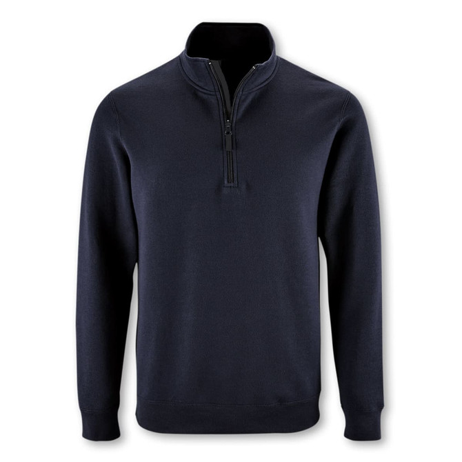 A navy unisex sweatshirt featuring a quarter zip and long sleeves, displayed against a plain background.