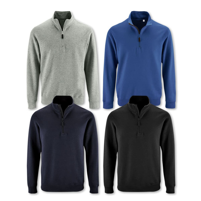 Four unisex SOLS Stan sweatshirts in grey, blue, and two shades of black, each with a zip neck and logo.