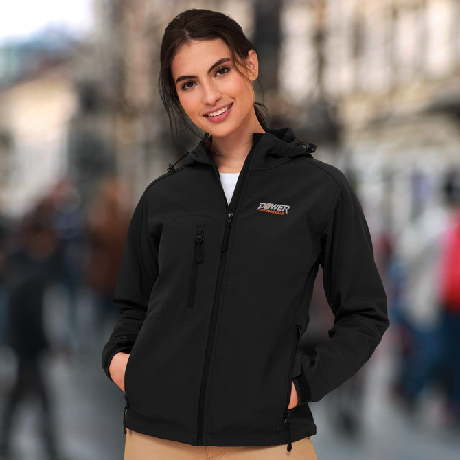 A black women's softshell jacket with a hood and a zippered front, featuring a logo on the chest.