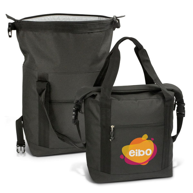 A roll top cooler bag in dark grey, featuring a front pocket and a logo. The bag has carry handles and adjustable straps.