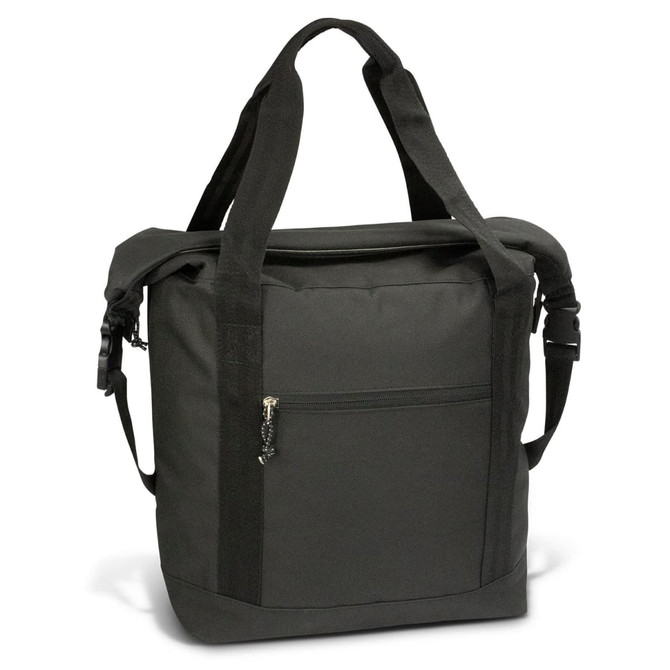 A roll top cooler bag in dark grey, featuring sturdy handles and a zippered front pocket. It includes a logo.